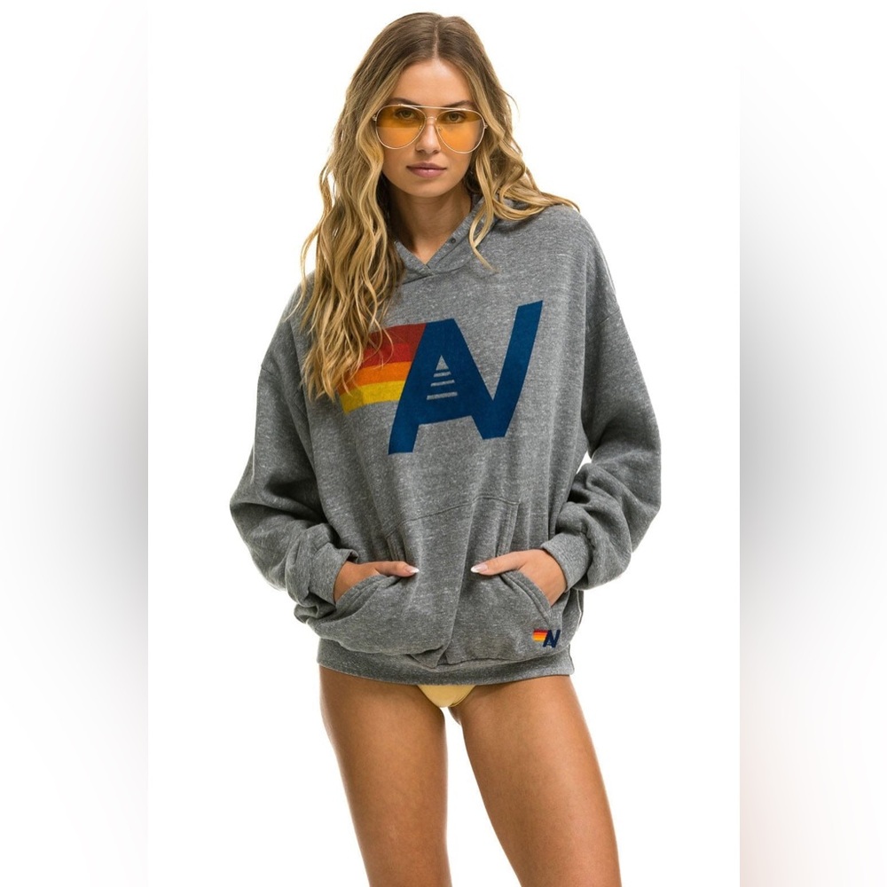 Aviator Nation Logo Pullover Relaxed Hoodie Heather Grey Unisex Sweatshirt Small
